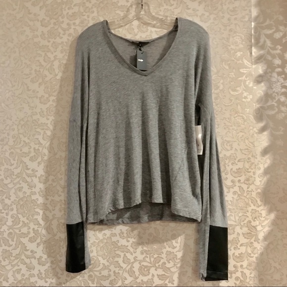 Maje Tops - MAJE NWT HEATHER GRAY TOP/BLACK LEATHER ACCENTS L